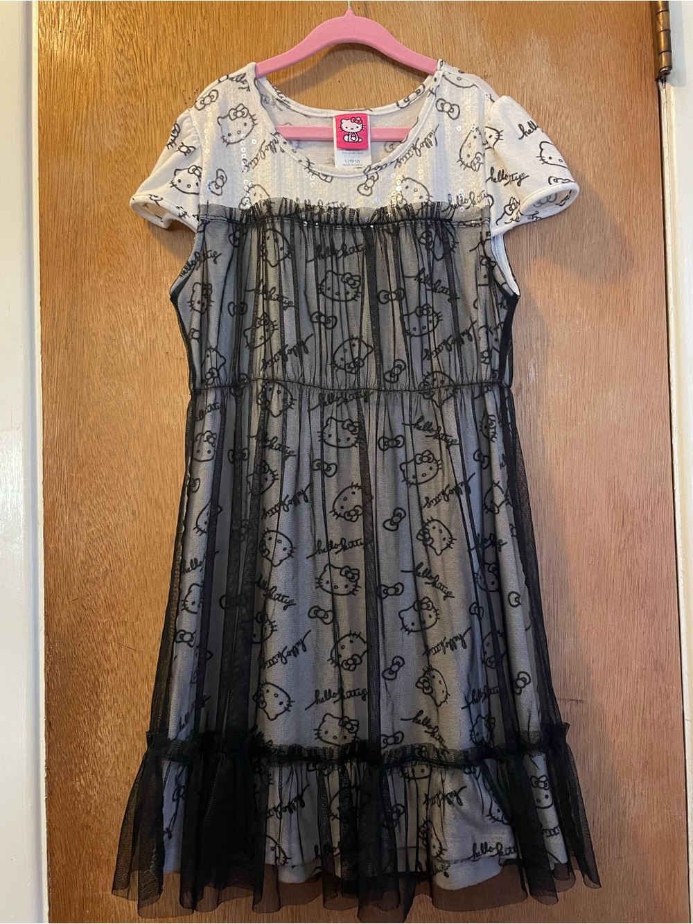 Hello Kitty Black & White Black Printed Kitty White Dress Black Overlay Tulle L